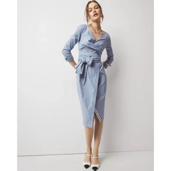 White House Black Market Dresses & Skirts - WHBM Blue & White Striped Poplin Twist Front Midi Shirt Dress Sz 10 Preppy